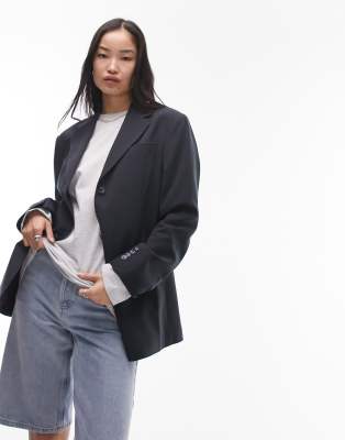 Topshop - Oversized-Blazer in Petrolblau mit ausgeprägter Schulterpartie, Kombiteil-Schwarz