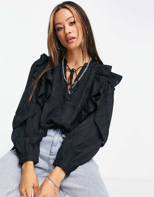 Topshop - Oversized bluse med flæser i sort jacquard