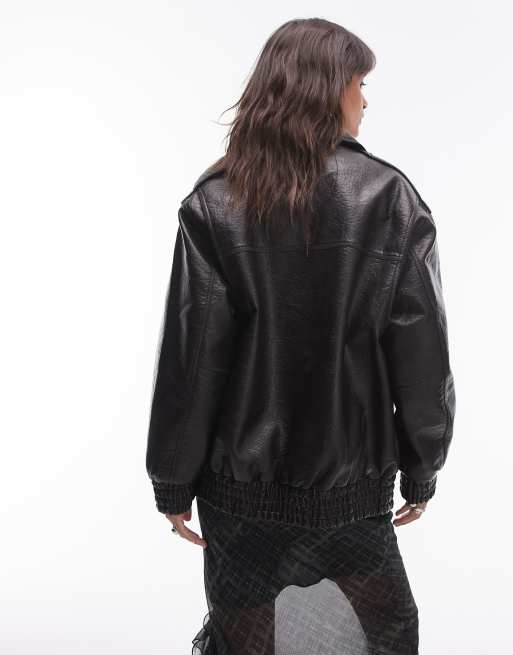 Topshop - Oversized bomberjack van imitatieleer in zwart, 3 van 4