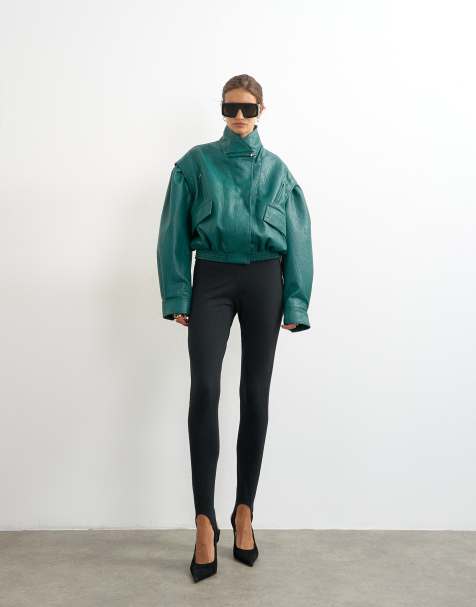 Topshop oversized bomberjakke i imiteret læder med cropped pasform og lynlåse i grøn - view 1