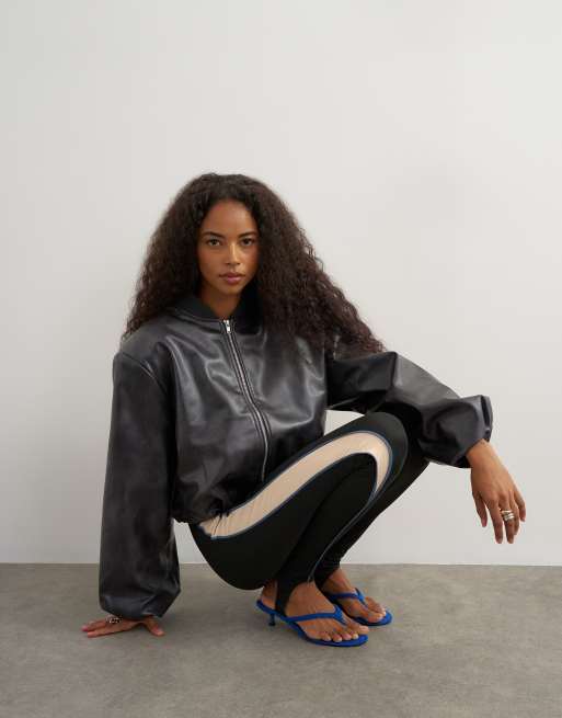 Topshop oversized bomberjakke med lynlås i imiteret læder i vasket sort, 1 af 4