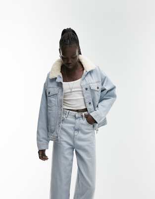 TOPSHOP OVERSIZED BORG DENIM JACKET IN BLEACH-BLUE