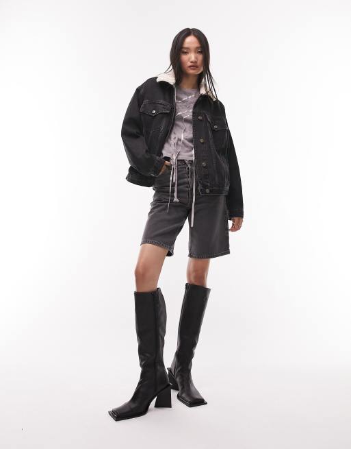 Topshop black borg denim hot sale jacket