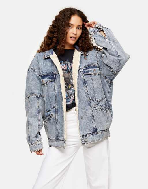 Topshop oversized borg lined denim jacket in mid blue