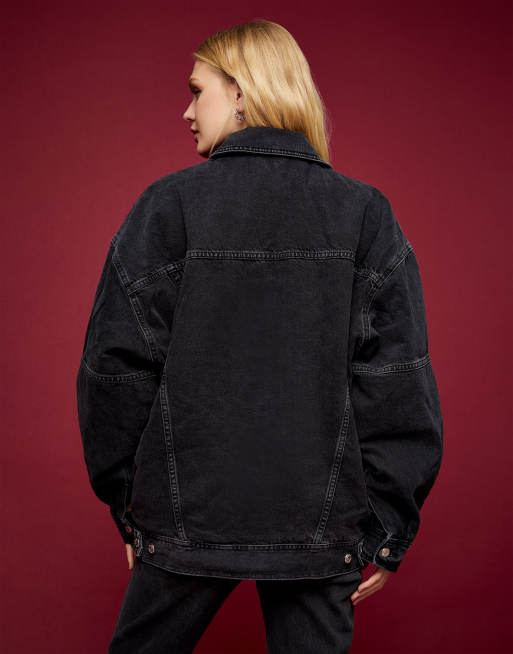 Topshop black store borg denim jacket