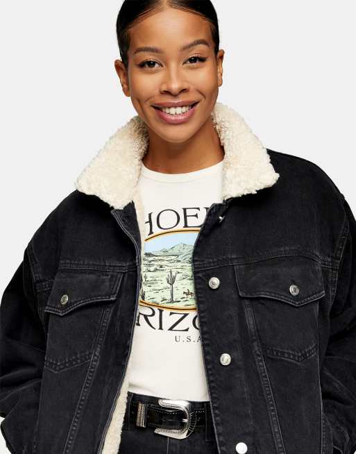 Topshop oversized borg lined recycled cotton denim jacket in black