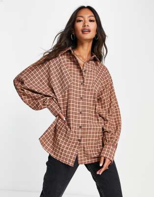 Topshop oversized boyfriend check shirt in red