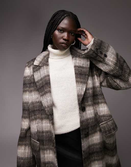 Topshop oversized brushed loose check coat in brown