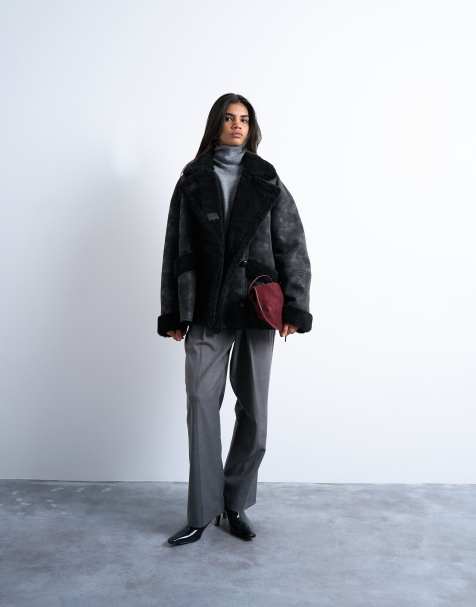 Topshop - Oversized car coat met imitatie-shearling in zwart - view 1