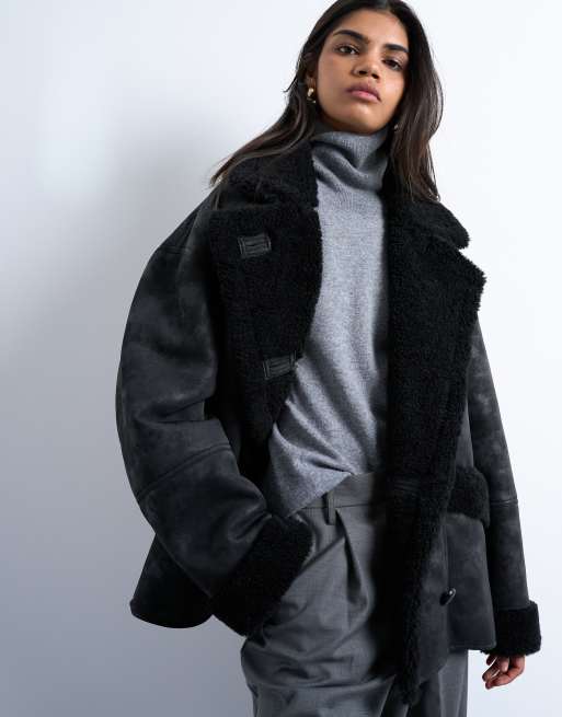 Topshop - Oversized car coat met imitatie-shearling in zwart, 2 van 4
