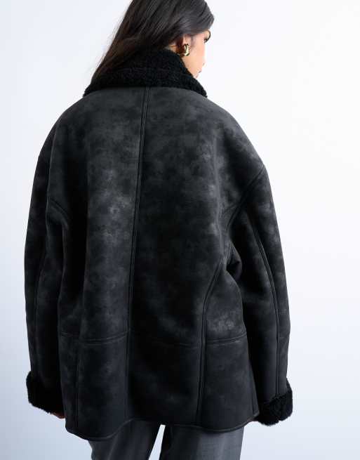 Topshop - Oversized car coat met imitatie-shearling in zwart, 4 van 4