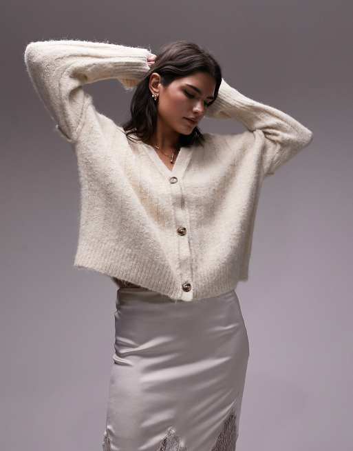 Topshop - Oversized cardigan med V-hals i vamset, hvid strik, 3 af 4