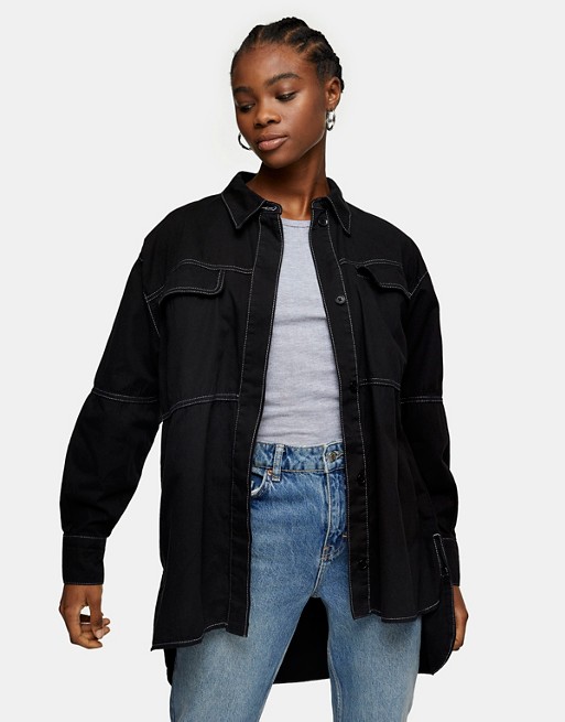 Topshop oversized casual stitched shirt in black