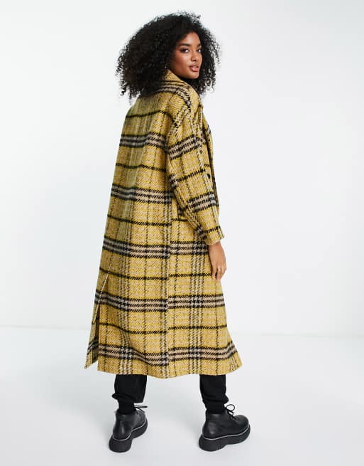 Topshop oversized check long coat in yellow ASOS