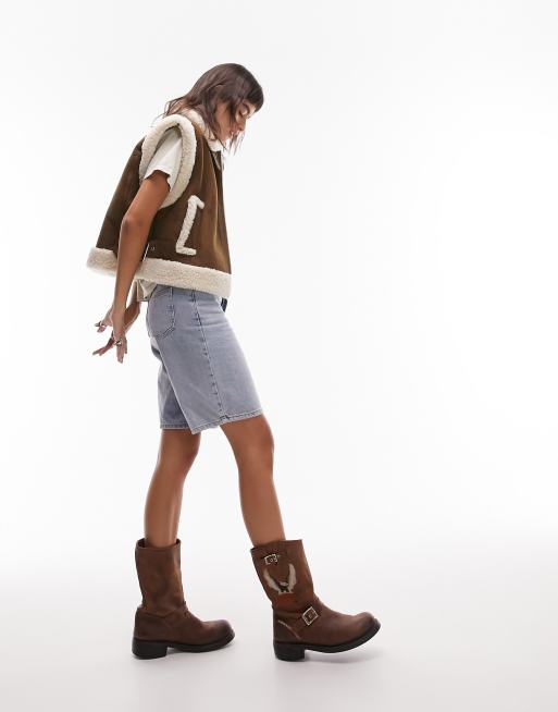 Topshop - Oversized chokoladebrun aviator-vest i imiteret ruskind og imiteret lammeskind, 2 af 4