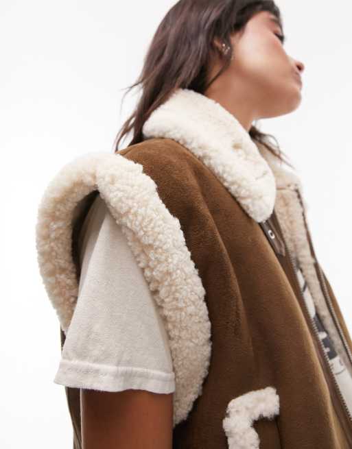 Topshop - Oversized chokoladebrun aviator-vest i imiteret ruskind og imiteret lammeskind, 3 af 4
