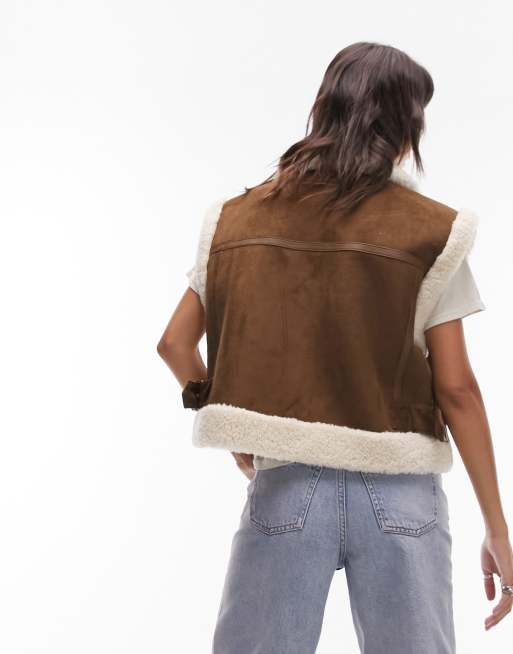 Topshop - Oversized chokoladebrun aviator-vest i imiteret ruskind og imiteret lammeskind, 4 af 4