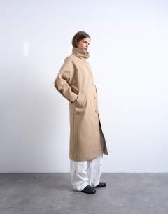 Oversized clean funnel neck trench coat in beige