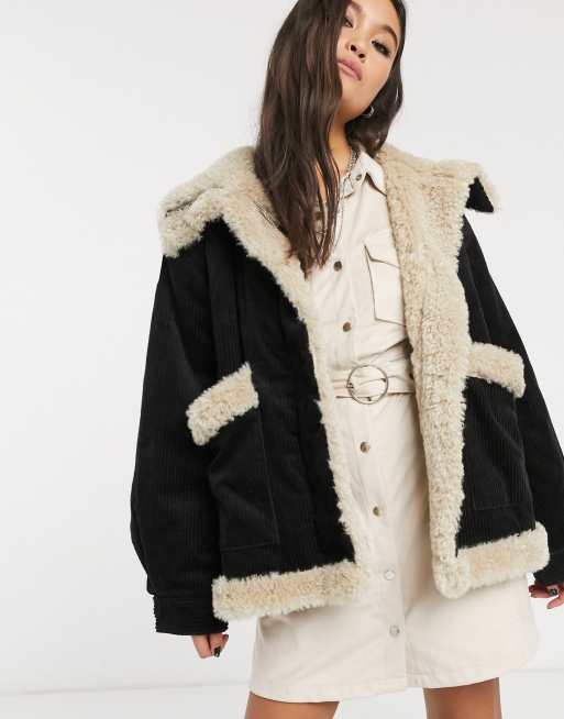 Topshop black store borg coat