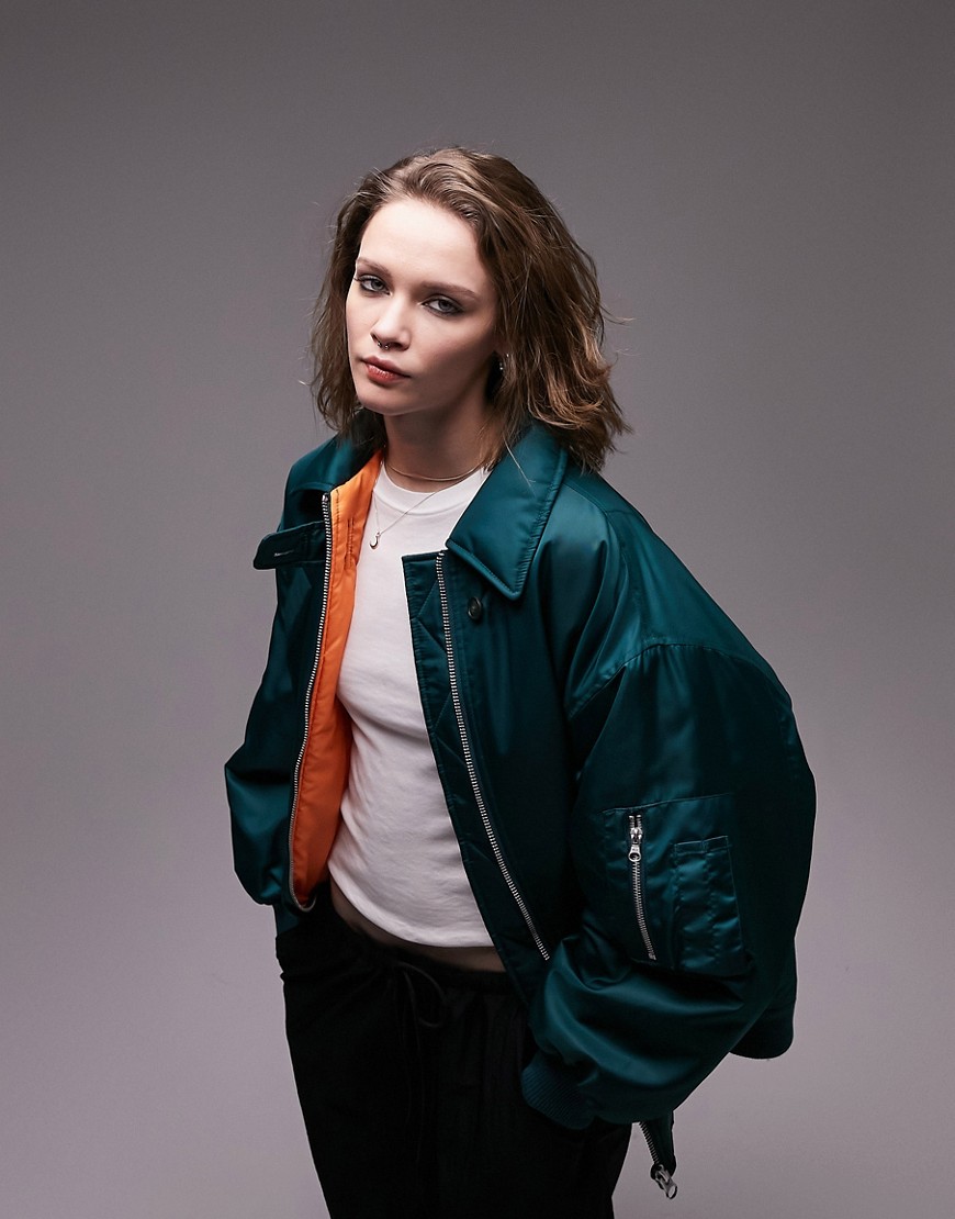 oversized collar bomber jacket in teal-Blue