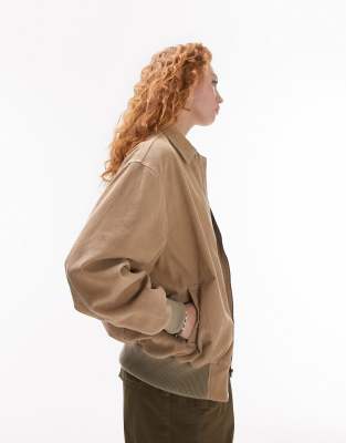 Topshop Oversized Collar Corduroy Bomber Jacket In Beige-neutral