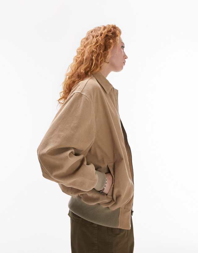Topshop oversized collar corduroy bomber jacket in beige