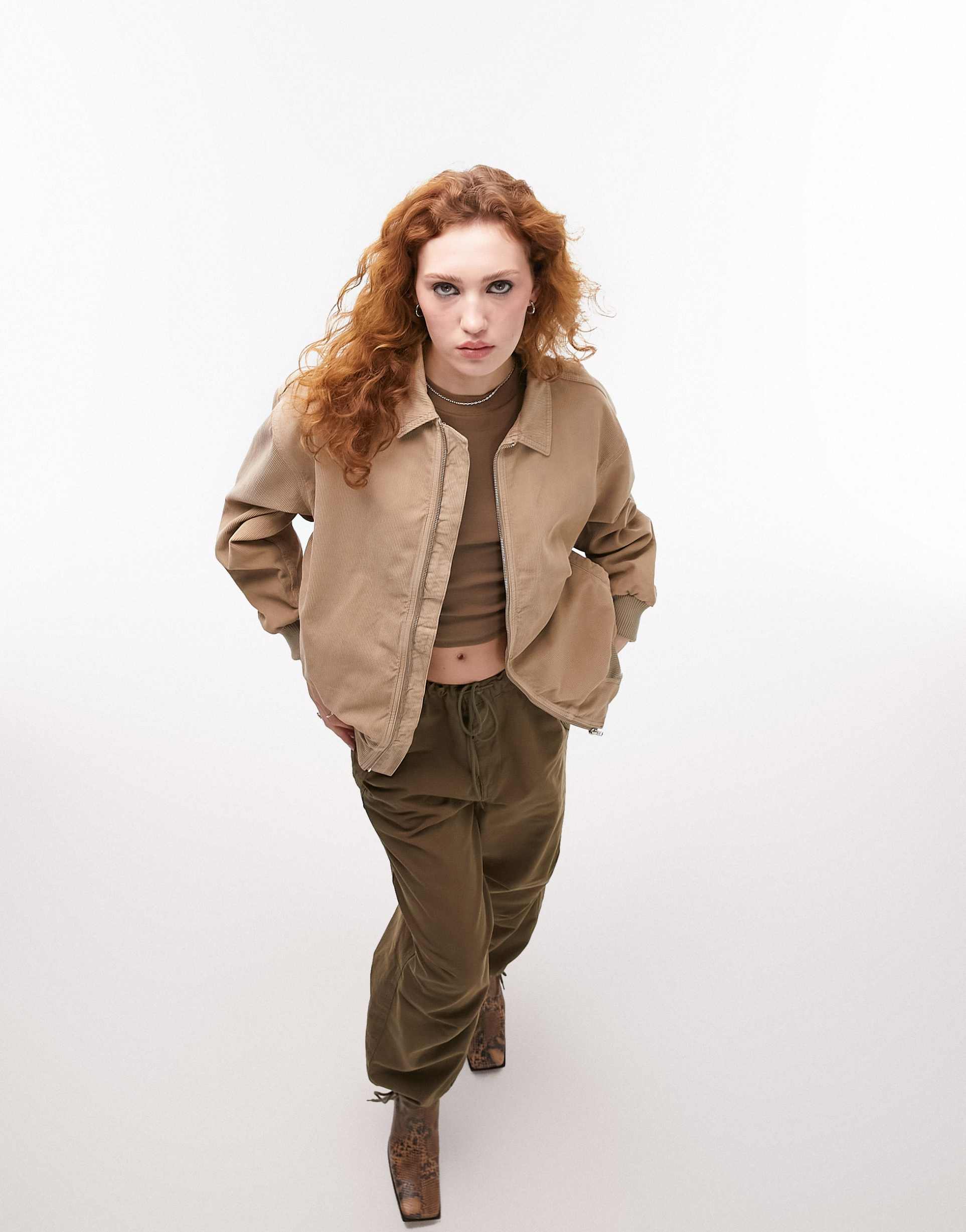 Topshop oversized collar corduroy bomber jacket in beige view 4