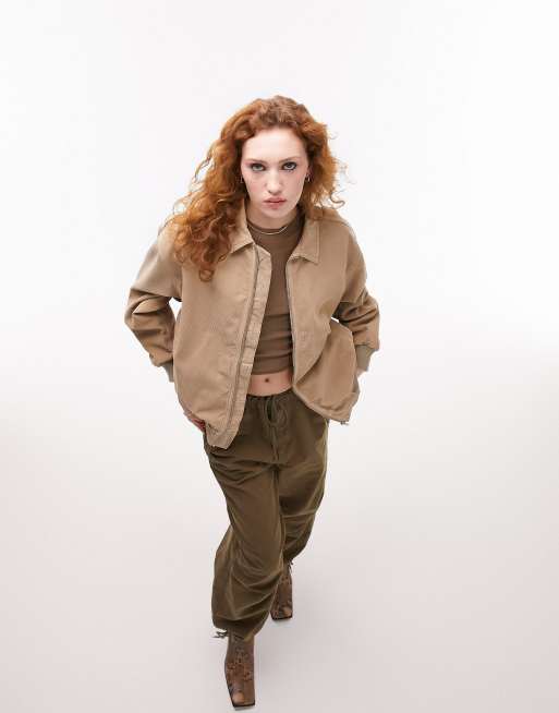 Topshop oversized collar corduroy bomber jacket in brown