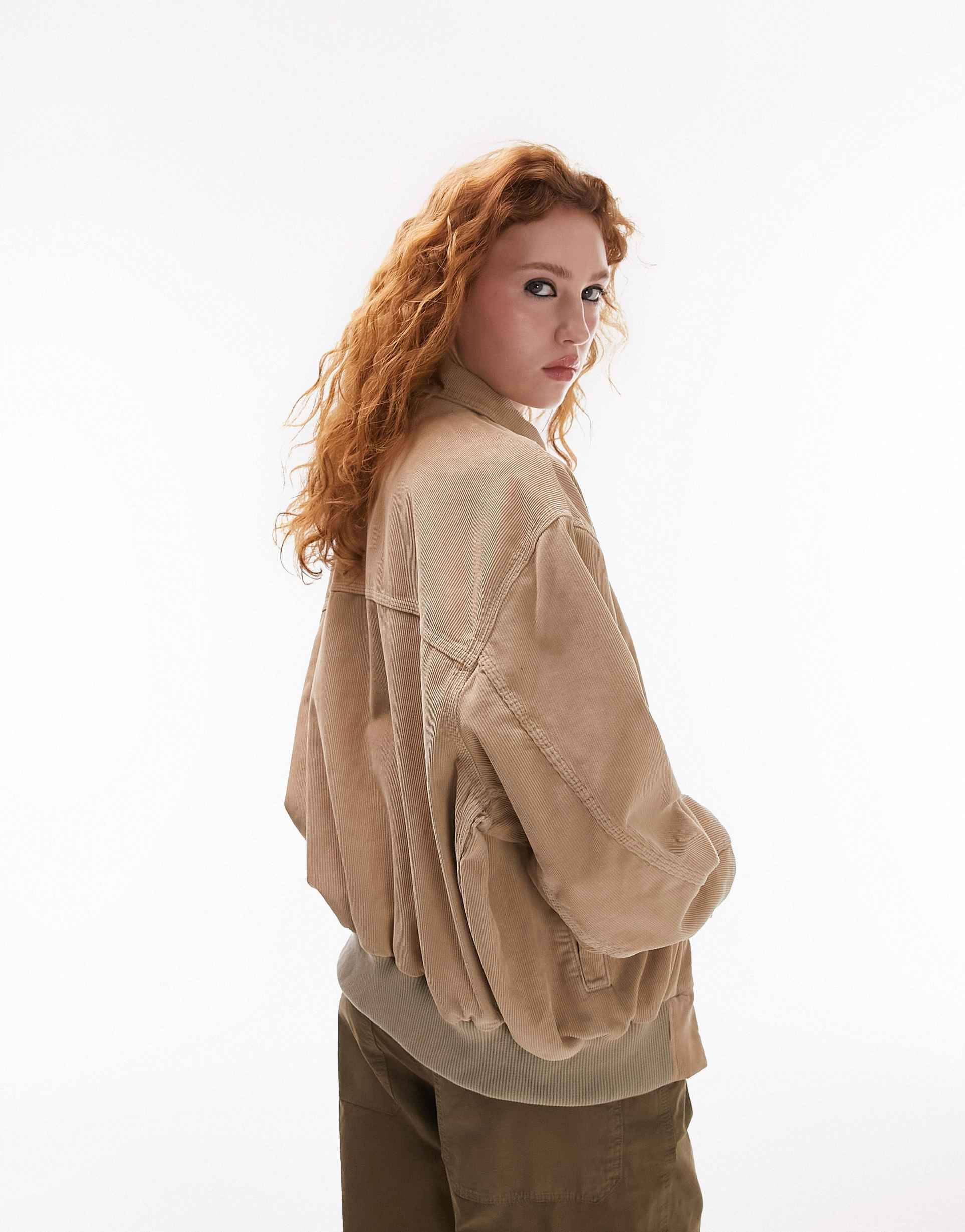 Topshop oversized collar corduroy bomber jacket in beige