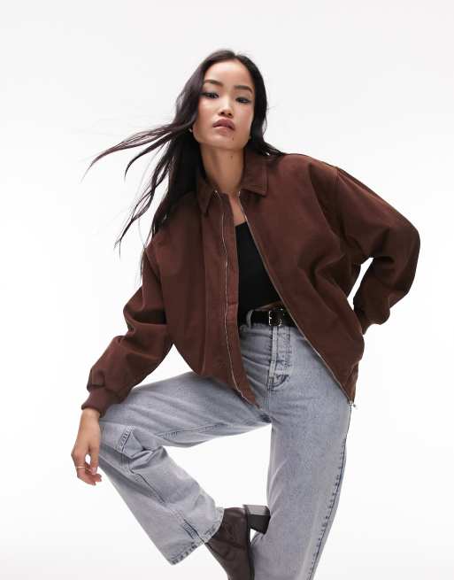 Topshop oversized collar corduroy bomber jacket in brown