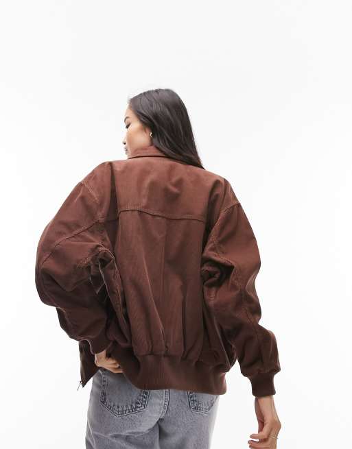 Topshop oversized collar corduroy bomber jacket in brown