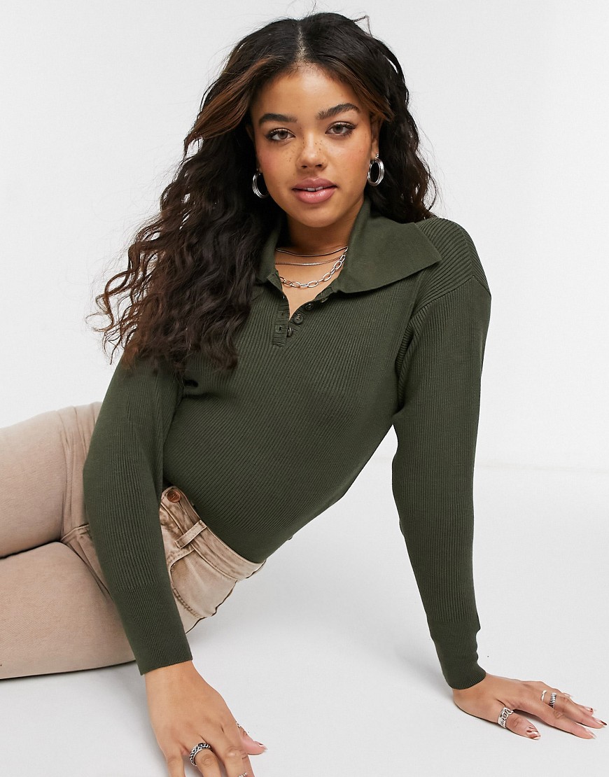 Topshop oversized collar fine gauge sweater in khaki-Green