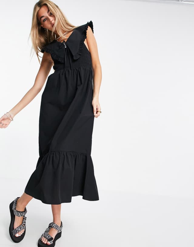 Topshop oversized collar shirred midi dress in black