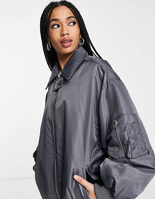 Topshop oversized collared bomber jacket in charcoal