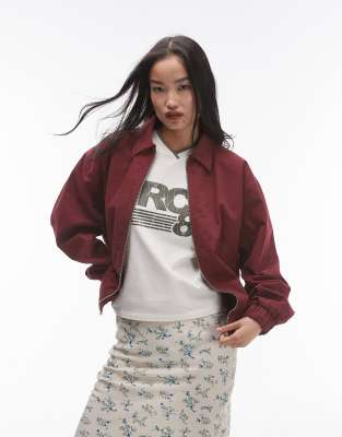 oversized cotton collar bomber jacket in burgundy-Red