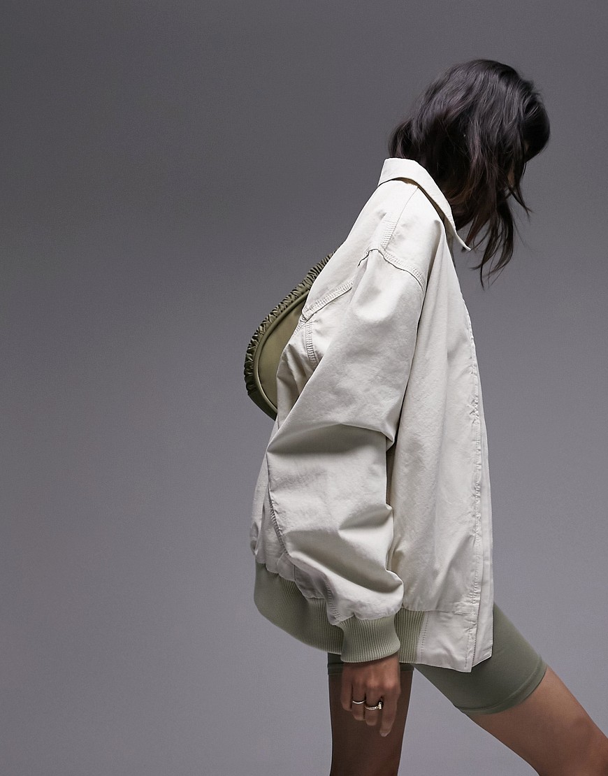 oversized cotton collar bomber jacket in stone-Neutral