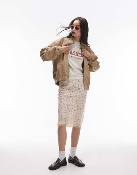 Topshop oversized cotton collar bomber jacket in stone - view 1