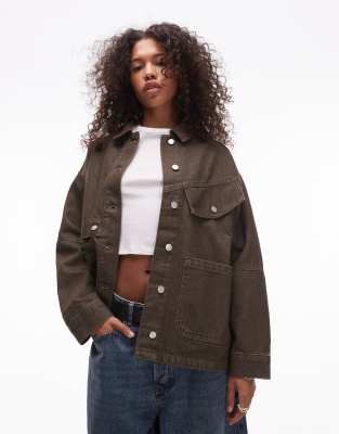 oversized cotton jacket with cord collar in brown