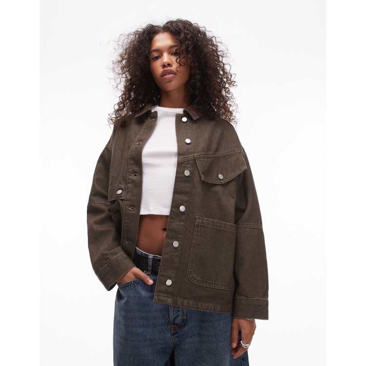 Topshop Oversized Cotton Jacket with Cord Collar in Brown