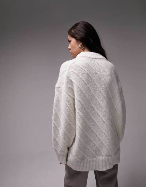 Topshop - Oversized cremehvid trøje med diagonalt mønster , 2 af 4