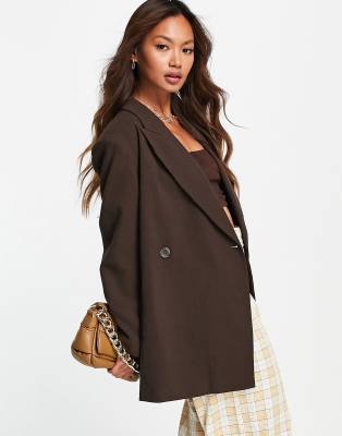 Topshop oversized crepe DB blazer in chocolate