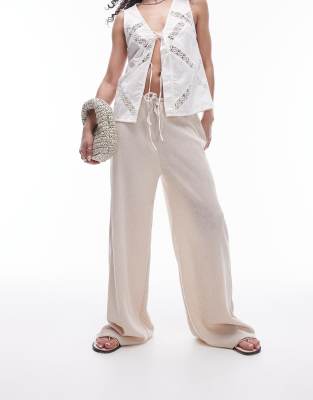 oversized crinkle drawstring straight leg pants in stone-Neutral