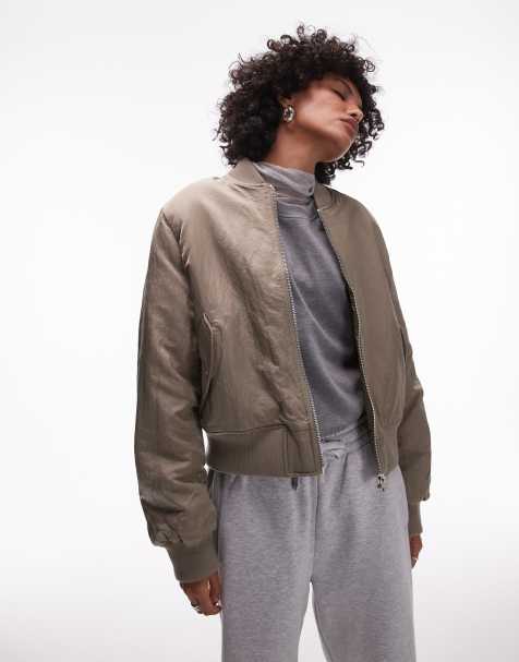 Topshop oversized cropped bomber jacket in mushroom - view 1