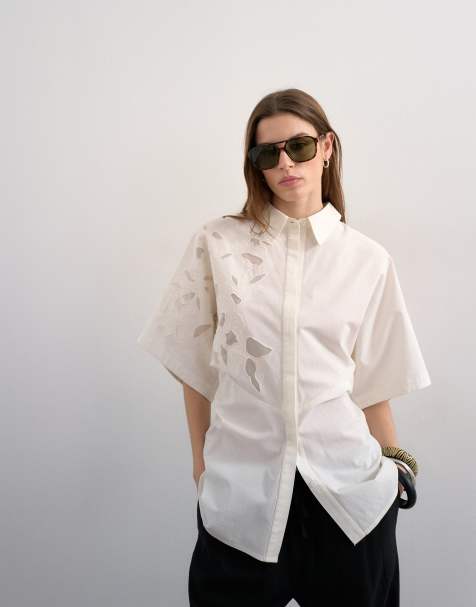 Topshop oversized cutwork short sleeve shirt in white - view 1