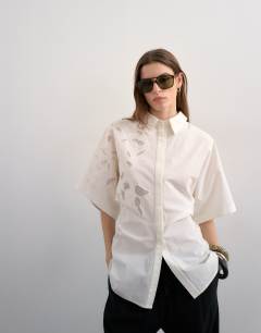 Oversized cutwork short sleeve shirt in white