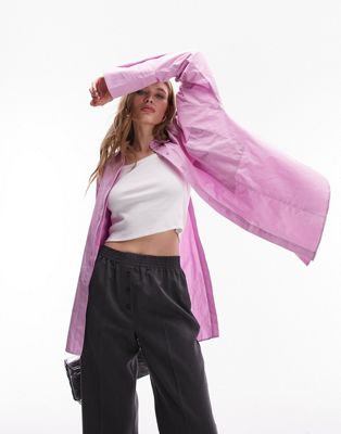 Topshop oversized deep cuff double pocket shirt in pink