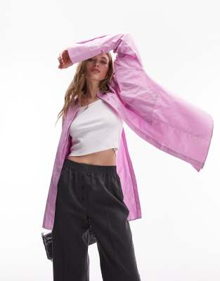 Topshop Oversized Deep Cuff Double Pocket Shirt In Pink ModeSens