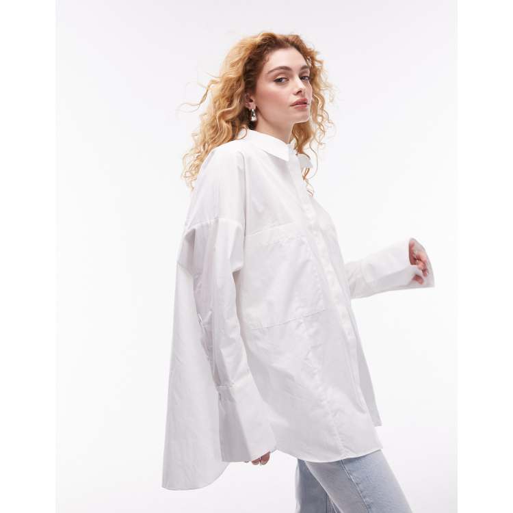 Topshop oversized deep cuff double pocket shirt in white | ASOS