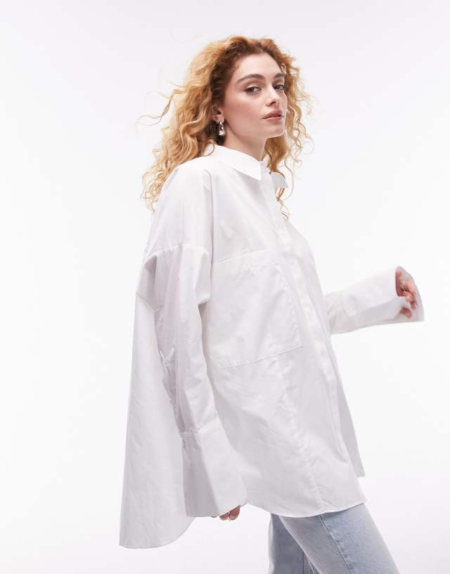 Topshop oversized deep cuff double pocket shirt in white