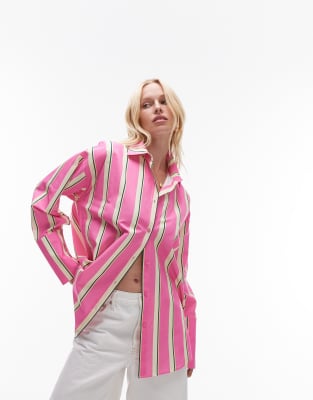 Topshop Topshop oversized deep cuff shirt in pink stripe-Multi